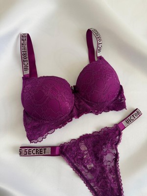 Kadın Dantelli Yarım Destekli Taşlı Sütyen ve Tanga Takımı