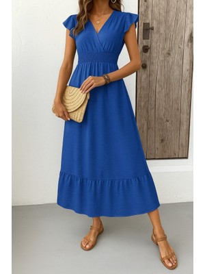 Etiler Collection Kadın Kısa Kelebek Kollu Kruvaze Yakalı Beli Lastikli Aerobin Elbise