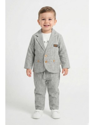 Mini Baray Erkek Çocuk Bej Spor Ceketli 3 Parça Kombin Takım - Gri