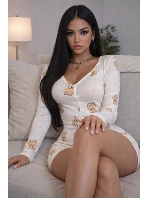 Byen Giyim Sweetsleep Ayı Desenli Düğmeli Kadın Tulum Gecelik – Esnek Yapılı Yumuşak Ev Giyim