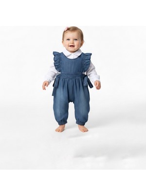 Pini Co Kız Bebek Fırfırlı Denim Salopet ve Beyaz Gömlekli 2'li Takım
