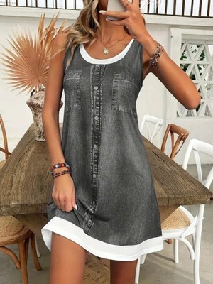 Etiler Collection Kadın Askılı Yuvarlak Yakalı Kot Görünümlü Kısa Süprem Elbise