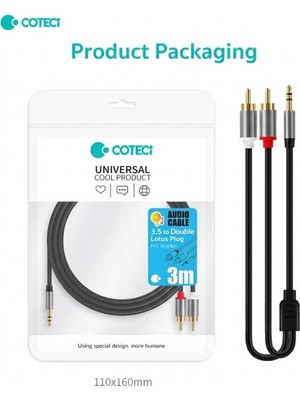 Coteci 3.5mm To 2 Rca Ses Kablosu Jack Aux Lale Jak Tos Fiş Amfi Hoparlör Dönüştürücü Altın Kaplama 3 Metre