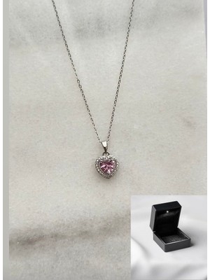 Pembe Taş Detaylı Taşlı Kalp Kolye Sevgililer Günü Kolyesi ( Işıklı Kutu )