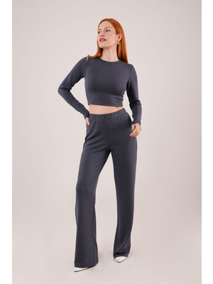 Etiler Collection Fitilli Bluz ve Pantolon Antrasit Ikili Takım