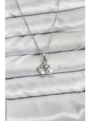 Vice Avm 316L Çelik Zincir Gümüş Renk Deniz Kabuğu ve Deniz Yıldızı Model Zirkon Taşlı Kadın Kolye  TG-VİCE10840 TG-V 12810