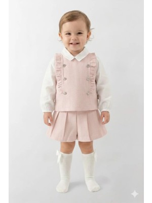 Mini Baray Kız Çocuk Chanel Stil Tüvit Yelek ve Şort Takım - Somon