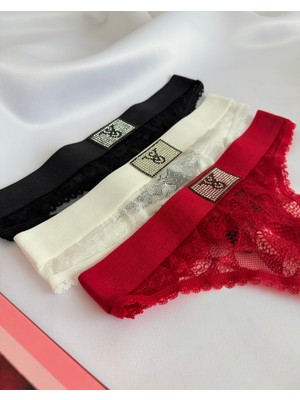 Taş Detaylı Dantelli Şık 3’lü Tanga Seti– Kırmızı, Siyah, Beyaz (Kutulu Gönderim)