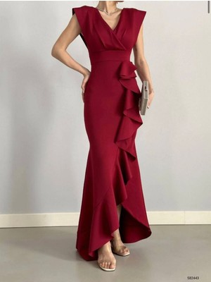 Kruvaze Yaka Eteği Volanlı Abiye Mezuniyet Nikah Elbis