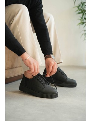 Zapatos KB-X516 Erkek Günlük Bağcıklı Cilt Spor Sneaker Ayakkabı Cst - Siyah
