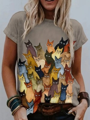 Etiler Collection Kadın Kısa Kollu Bisiklet Yaka Kedi Desenli Süprem Bluz