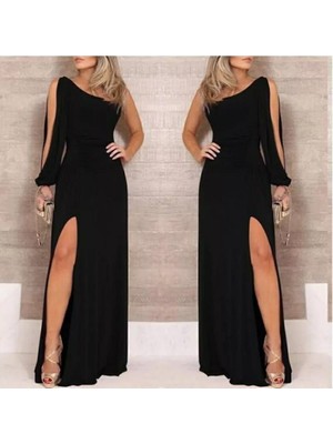 Etiler Collection Tek Omuz Açık Derin Yırtmaçlı Krep Tam Boy Elbise