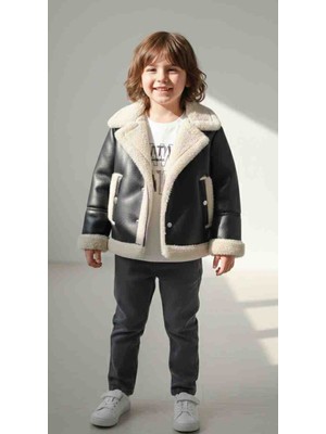 Erkek Çocuk Kürklü Deri Montlu 3’lü Kombin Takım
