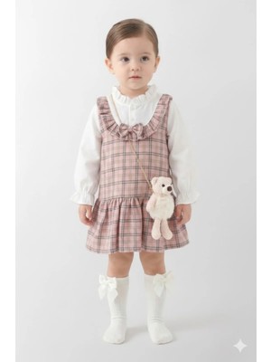 Mini Baray Kız Çocuk Kahverengi Ekose Jile Elbise Seti - Gül