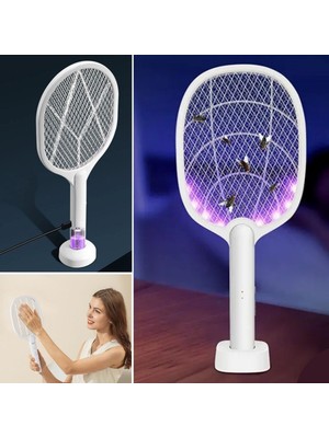 Akıllı Durak Ad Şarjlı Sinek Öldürücü Masaüstü Standlı,mor Işık Sinek Kovucu Raket 5W