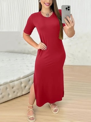 Etiler Collection Kadın Kısa Kollu Bisiklet Yaka Yandan Yırtmaçlı Viskon Elbise