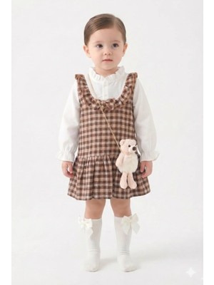 Mini Baray Kız Çocuk Kahverengi Ekose Jile Elbise Seti - Kahve