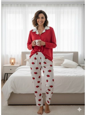 Boston Kadın Milan Kumaş Kalp Desenli Düğmeli Pijama Takımı