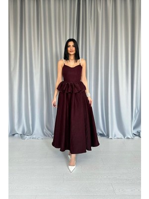 Etiler Collection Bordo Beli Büzgülü Inci Askılı Uzun Elbise