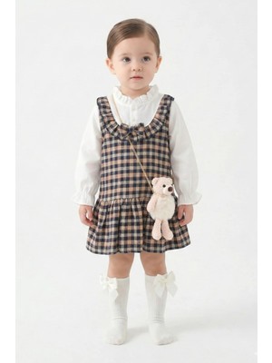 Mini Baray Kız Çocuk Kahverengi Ekose Jile Elbise Seti - Siyah