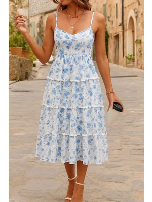 Etiler Collection Kadın Sıfır Kol Askılı Dekolteli Yırtmaç Detay Çiçek Baskılı Süprem Midi Elbise