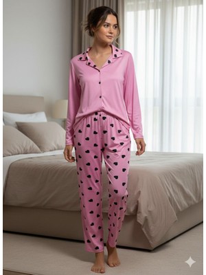 Boston Kadın Milan Kumaş Kalp Desenli Düğmeli Pijama Takımı