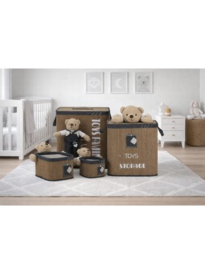 Arow 4lü Dikdörtgen Ayıcıklı Bambu Sepet Seti-Düzenleyici-Oyuncak Sepeti-Saklama Kutusu (46X36X46CM)