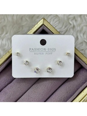 Septemmart Gold Renk 3 Farklı Boy Zirkon Tektaş 6'lı Kombin Küpe Seti