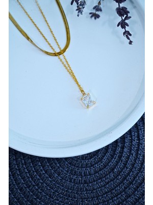 Shoplaza Baget Taşlı Altın Renk Italyan Bakla Zincirli Kadın Çelik Kolye -