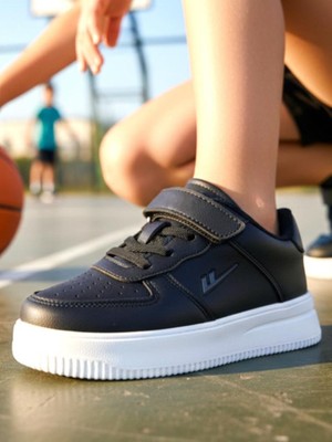 Ellaboni Unisex Çocuk Siyah / Beyaz Fınster Spor Ayakkabı Cırtlı Hafif Taban Rahat Sneaker