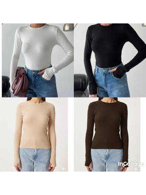 Betnur Kadın Bisiklet Yaka Modal Parmak Geçirmeli Pamuklu Body Bluz