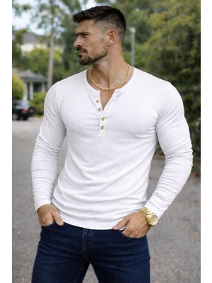 Bybülent Özel Üretim Uzun Kollu Henley Yaka Düğmeli Açık Geniş Yaka Tişört T-Shirt