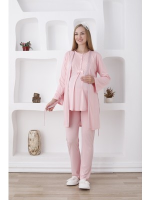 Erdeniz Tekstil Doğum Öncesi/doğum Sonrası Hamile-Lohusa Pijama Takımı-Emzirme Kolaylığı Sağlayan-Uzun Kollu-Sabahlıklı- 3’lü Set
