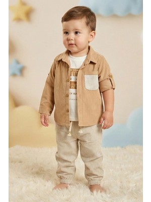 Cattackids Erkek Çocuk Geometrik Desenli Bej Gömlek Lacivert Şort Takımı 2-5 Yaş