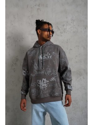Flamex Erkek Baskılı Kapüşonlu Ribanalı Sweat - Gri