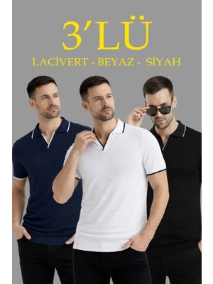 Flamex Erkek 3’lü Paket Triko Yakalı Düğmesiz Açık Yaka Fitilli Kısa Kollu Regular Fit Tişört -