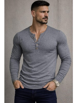 Bybülent Özel Üretim Uzun Kollu Henley Yaka Düğmeli Açık Geniş Yaka Tişört T-Shirt