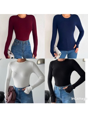 Betnur Kadın Bisiklet Yaka Modal Parmak Geçirmeli Pamuklu Body Bluz