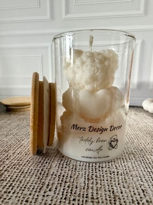 Merz Design Decor Kalpli Ayıcık Teddy Bear Candle %100 Doğal Vegan Soya Wax Kapaklı Kavanoz Mum