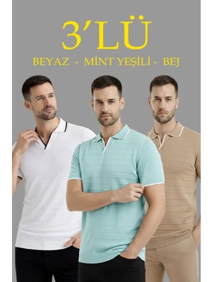 Flamex Erkek 3’lü Paket Triko Yakalı Düğmesiz Açık Yaka Fitilli Kısa Kollu Regular Fit Tişört -