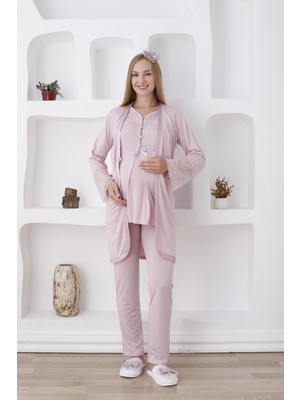 Erdeniz Tekstil Doğum Öncesi/sonrası Dantel Detaylı Hamile-Lohusa Pijama Takımı-Emzirme Kolaylığı Sağlayan-Uzun Kollu-Sabahlıklı- 3’lü Set-