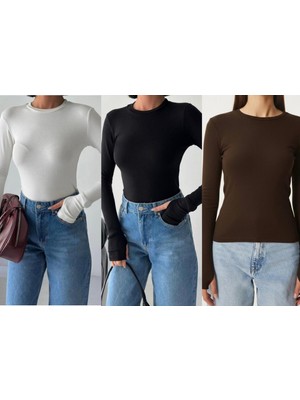 Betnur Kadın Bisiklet Yaka Modal Parmak Geçirmeli Pamuklu Body Bluz