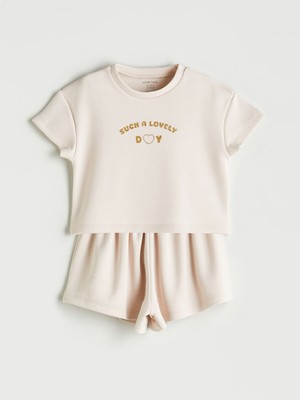 Lc Waikiki Yeni Sezon Bisiklet Yaka Baskılı Kız Bebek Tişört ve Şort 2'li