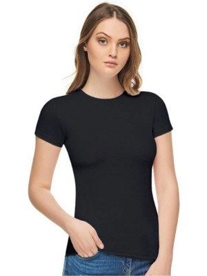 Elit Kadın Siyah Sıfır Yaka Likralı Kısa Kol T-Shirt-Siyah-M
