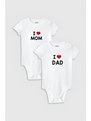 Overoz I Love Mom & Dad Anne Baba Baskılı 2'li Bebek Kısa Kollu Beyaz Body Çıtçıtlı Badi Ikili 5213-5214