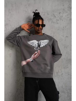 Flamex Erkek Güvercin Baskılı Sweatshirt - Gri