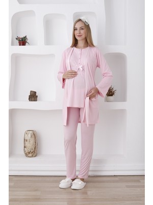 Erdeniz Tekstil Doğum Öncesi/doğum Sonrası Hamile-Lohusa Pijama Takımı-Emzirme Kolaylığı Sağlayan-Uzun Kollu-Sabahlıklı- 3’lü Set
