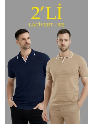 Flamex Erkek 2’li Paket Triko Yakalı Düğmesiz Açık Yaka Fitilli Kısa Kollu Regular Fit Tişört - L