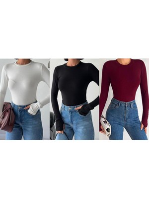 Betnur Kadın Bisiklet Yaka Modal Parmak Geçirmeli Pamuklu Body Bluz