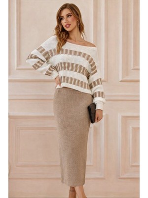 Flamex Kadın Uzun Kollu Kayık Yakalı Salaş Triko Bluz ve Etek Ikili Takım